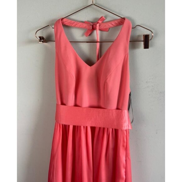 Vera Wang Coral Halter Gown V-Neck Bow Back Slit Skirt Satin Formal Dress Size 2 - Picture 7 of 12